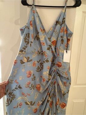 Light Blue Floral Ruched Slip Dress